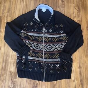 RW&CO Mens Aztec Navajo Chunky Knitted Grandpa Full Zip Sweater Black Size Large